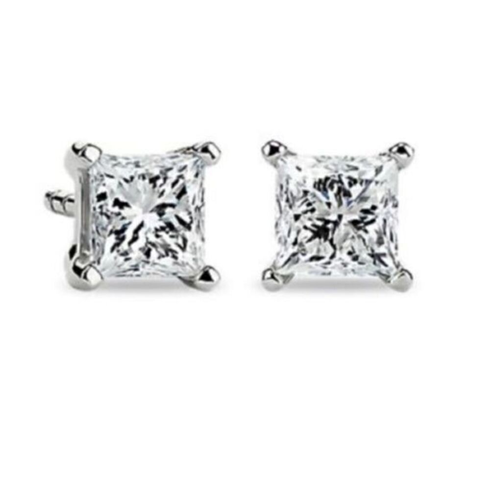 18k White Gold Sterling Silver CZ Princess Cut 1ct Stud Earring